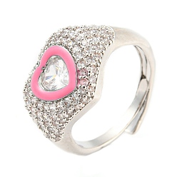 Rosa Caliente Anillo ajustable con corazón esmaltado y circonita cúbica transparente, anillo de latón platino, sin plomo y el cadmio, color de rosa caliente, diámetro interior: 17.6 mm