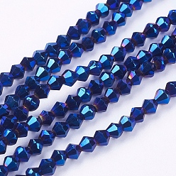 Blue Plated Electroplate Glass Beads Strands, Faceted, Bicone, Blue Plated, 4x4mm, Hole: 1mm, about 92~96pcs/strand, 13.78~14.37 inch
