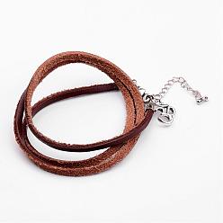 Saddle Brown Three Loops Leather Wrap Bracelets, with Tibetan Style Om Symbol Findings and Brass Lobster Claw Clasps, Saddle Brown, 578mm(22-3/4 inch)