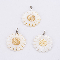 Mixed Shell White Shell Pendants, with Platinum Tone Brass Bail & Yellow Shell, Sunflower, 45x38.5~39x4~5mm, Hole: 4x5mm