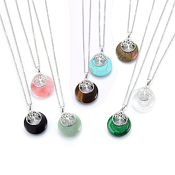 Mixed Stone Natural & Synthetic Mixed Stone Pendant Necklaces, with 304 Stainless Steel Findings, Flat Round with Tree, 19.68 inch(50cm), Pendant: 40x28x6mm