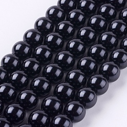 Noir Brins de perles rondes en verre teinté écologique, Grade a, cordon en coton fileté, noir, 10mm, Trou: 0.7~1.1mm, Environ 42 pcs/chapelet, 15 pouce