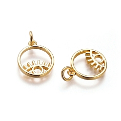 Golden Brass Pendants, Cut-Out, with Jump Rings, Flat Round with Evil Eye, Golden, 15x12x1.5mm, Hole: 3mm