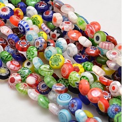 Coloré Main en verre de millefiori plats rangées de perles rondes, conception de fleur unique, colorées, 6x2.5mm, Trou: 1mm, Environ 64~68 pcs/chapelet, 14.5~15 pouce