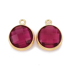 Medium Violet Red Glass Charms, with Real 18k Gold Plated Brass Findings, Long-Lasting Plated, Lead Free & Nickel Free & Cadmium Free, Faceted Flat Round, Medium Violet Red, 9x7x3mm, Hole: 1mm