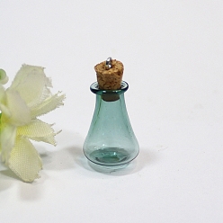 Light Sea Green Empty Small Glass Cork Vase Pendants, Wishing Bottle Charms with Platinum Plated Iron Loops, Light Sea Green, 16x27mm