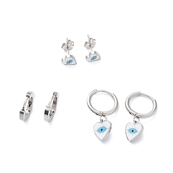 Stainless Steel Color 3 Pairs 3 Style Enamel Heart with Evil Eye Dangle Hoop Earrings, 304 Stainless Steel Stud Earrings for Women, Stainless Steel Color, 7~26mm, Pin: 1mm, 1 Pair/style