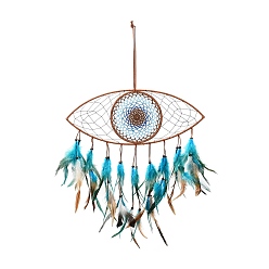 Deep Sky Blue Evil Eye Woven Net/Web with Feather Pendant Decoration, with Wood Beads, for Home Bedroom Car Ornaments Birthday Gift, Deep Sky Blue, 735mm