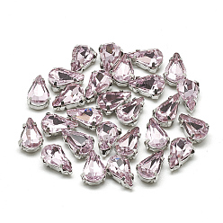 Perlas de Color Rosa Cose en el rhinestone, Enlaces multifilares, diamantes de imitación de cristal, con 201 ajustes de dientes de acero inoxidable, accesorios de prendas de vestir, facetados, lágrima, rosa perla, 14x10x6 mm, agujero: 0.8~1 mm