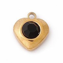 Jet 304 Stainless Steel Pendants, with Rhinestone, Heart, Golden, Jet, 10.5x9.5x4mm, Hole: 1.4mm