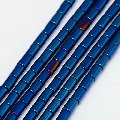 Azul Chapado Electroplate no magnéticas de hematita sintética hebras de cuentas, columna, Grado A, azul chapado, 5x3 mm, agujero: 1 mm, sobre 80 unidades / cadena, 16 pulgada
