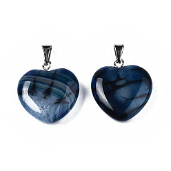 Prussian Blue Natural Dragon Veins Agate Pendants, with Stainless Steel Snap On Bails, Heart, Stainless Steel Color, Prussian Blue, 22~23x19~20x5~6mm, Hole: 3x5mm