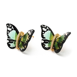 Lime Green Film Butterfly Stud Earrings with Cubic Zirconia, Real 18K Gold Plated Brass Earrings, Lead Free & Cadmium Free, Lime Green, 17x22~23mm