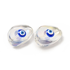 Bleu Des billes de verre transparentes, avec l'émail, larme avec motif mauvais œil, bleu, 18.5x12.5x8mm, Trou: 1.2mm