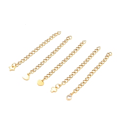 Golden Vacuum Plating 304 Stainless Steel Chains Extender, with Brass Cubic Zirconia Charms and 304 Stainless Steel Charms, Mixed Shapes, Golden, 58mm