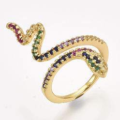 Colorful Brass Micro Pave Cubic Zirconia Cuff Rings, Open Rings, Snake, Colorful, Size 6, 16mm