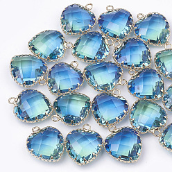 Deep Sky Blue K9 Glass Pendants, Imitation Tourmaline, with Golden Tone Brass Findings, Faceted, Heart, Deep Sky Blue, 20x16.5x8mm, Hole: 2mm