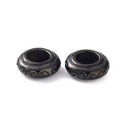 Electrophoresis Black Ion Plating(IP) 304 Stainless Steel European Beads, Large Hole Beads, Rondelle with Floral Pattern, Electrophoresis Black, 9x3.5mm, Hole: 4mm