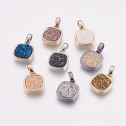 Mixed Color Natural Druzy Agate Pendants, with Brass Finding, Square, Mixed Color, 13x11x3~4mm, Hole: 2x2.5mm