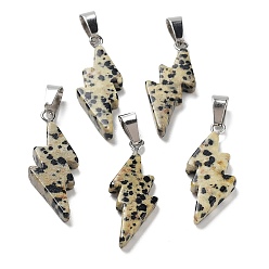 Dalmatian Jasper Natural Dalmatian Jasper Pendants, Lightning Bolt Charms with Stainless Steel Color Plated 201 Stainless Steel Snap on Bails, 31~33x13~14x5mm, Hole: 7.5x4.5mm