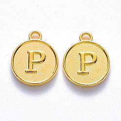 Letter P Alloy Pendant Cabochon Settings, For Enamel, Cadmium Free & Lead Free, Flat Round with Letter, Light Gold, Letter.P, 14x12x2mm, Hole: 1.5mm