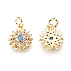 Golden Brass Micro Pave Cubic Zirconia Charms, with Synthetic Turquoise & Jump Rings, Sun, Clear, Golden, 11.5x9.5x2mm, Jump Rings: 2.5mm Inner Diameter
