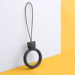 Black Ring with Bear Shapes Silicone Mobile Phone Finger Rings, Finger Ring Short Hanging Lanyards, Black, 9.5~10cm, Ring: 40x30x9mm