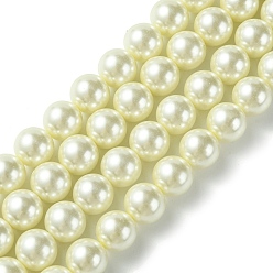 Beige Brins de perles rondes en verre teinté écologique, Grade a, cordon en coton fileté, beige, 12mm, Trou: 0.7~1.1mm, Environ 34 pcs/chapelet, 15 pouce
