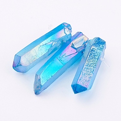 Bleu Ciel Foncé Perles de verre graduées en cristal de quartz naturel électrolytique, nuggets, bleu profond du ciel, 21~43x5~13mm, trou: 1 mm, 3 pcs / ensemble 
