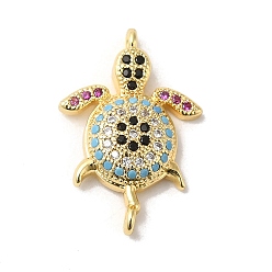 Real 18K Gold Plated Rack Plating Brass Micro Pave Colorful Cubic Zirconia Connector Charms, Turtle Links, Long-Lasting Plated, Lead Free & Cadmium Free, Real 18K Gold Plated, 21x14x3.8mm, Hole: 1mm