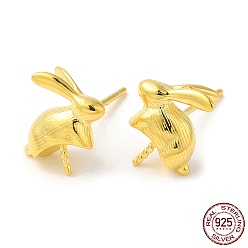 Real 18K Gold Plated 925 Sterling Silver Stud Earring Findings, Rabbit, for Half Drilled Beads, Real 18K Gold Plated, 10x10x4mm, Pin: 0.7mm
