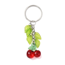 Cherry Acrylic Pendant Keychain, with Leaf Charms and Iron Keychain Ring, Cherry, 7.9cm, Pendant: 52x19.5x11mm