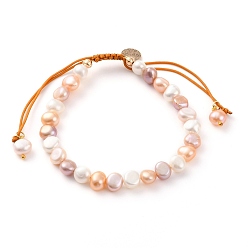 Seashell Color Adjustable Nylon Thread Braided Bead Bracelets, with Natural Cultured Freshwater Pearl Beads and Flat Round Brass Charms, Real 18K Gold Plated, Seashell Color, Inner Diameter: 2-1/8~3-1/2 inch(5.5~9cm)