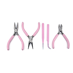 Pearl Pink 45# Steel Pliers & Tweezers Set, with Plastic Handles, including Side Cutter Pliers, Round Nose Plier, Needle Nose Wire Cutter Plier, Straight & Bent Tip Tweezers, Pearl Pink, 10.8~12.3x0.9~8x0.3~0.95cm, 5pcs/set