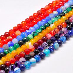Mixed Color Natural Striped Agate/Banded Agate Bead Strands, Dyed & Heated Color, Round, Grade A, Mixed Color, 6mm, Hole: 1mm, about 63pcs/strand, 14.7 inch(375mm)