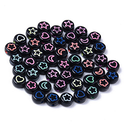 Mixed Color Opaque Black Acrylic Beads, Flat Round with Mixed Color Star & Heart & Moon & Flower, 7x3.5mm, Hole: 1.5mm, about 3600~3700pcs/500g