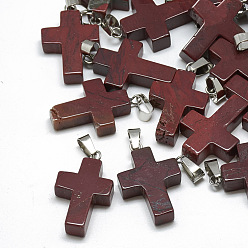 Red Jasper Natural Red Jasper Pendants, with Stainless Steel Snap On Bails, Cross, 29~30x18~19x5~6mm, Hole: 6x4mm
