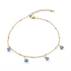Blue Evil Eye Lampwork Charm Anklets, with 304 Stainless Steel Satellite Chains, Golden, Blue, 9-3/4 inch(24.7cm)