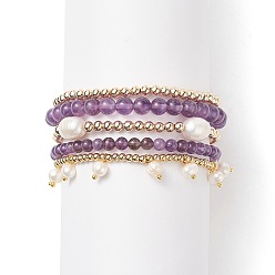 Amethyst 5Pcs 5 Style Natural Amethyst & Brass Beaded Stretch Bracelets Set, Natural Pearl Charms Stackable Bracelets for Women, Inner Diameter: 2~2-1/4 inch(5.2~5.6cm), 1Pc/style