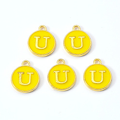 Letter U Golden Plated Alloy Enamel Charms, Enamelled Sequins, Flat Round with Letter, Gold, Letter.U, 14x12x2mm, Hole: 1.5mm