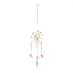 Golden Hanging Crystal Aurora Wind Chimes, with Prismatic Pendant, Flower-shaped Iron Link and Natural Amethyst, for Home Window Lighting Decoration, Golden, 315mm