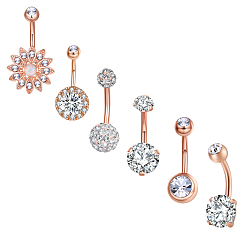 Rose Gold Brass Piercing Jewelry, Belly Rings, with Glass Rhinestone, Mixed Shapes, Rose Gold, 21~31mm, bar: 15 Gauge(1.5mm), bar length: 3/8"(10mm)~9/16"(14mm)