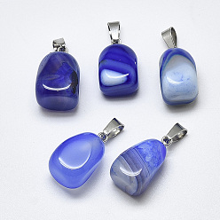 Blue Natural Banded Agate/Striped Agate Pendants, Dyed, with Stainless Steel Snap On Bails, Cuboid, Stainless Steel Color, Blue, 20~23x9~13x9~13mm, Hole: 3~4x7~8.5mm