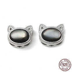 Platino Forma de gato chapado en rodio 925 cuentas de plata esterlina, con concha negra natural, larga duración plateado, con sello s925, Platino, 8x9.5x5 mm, agujero: 1.6 mm