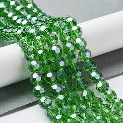 Green Electroplate Glass Bead Strands, Pearl Luster Plated, Faceted(32 Facets), Round, Green, 8x7mm