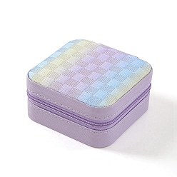 Violet Mini étui de rangement carré en cuir PU pour ensemble de bijoux, boîtes à fermeture éclair pour bijoux à imprimé tartan pour boucles d'oreilles, Anneaux, , violette, 10x10x5 cm