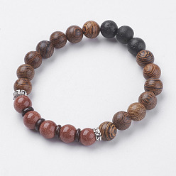 Goldstone Natural & Synthetic Lava Rock and Goldstone Beads Stretch Bracelets, with Wenge Wood Beads, Coconut and Alloy Finding, 2 inch(50~52mm)
