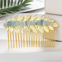 Aquamarine Leaf Natural Aquamarine Chips Hair Combs, with Iron Combs, Hair Accessories for Women Girls, 45x80x10mm