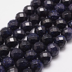 Синий Драгоценный Камень Синтетический синий авантюрин бисер нитей, окрашенная и подогревом, граненый (64 граней), круглые, 10 мм, отверстие : 1.2 мм, 39 шт / нитка, 15.7 дюйм