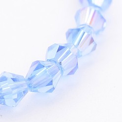 Light Blue Glass Beads Strands, Bicone, Light Blue, AB Color Plated, Light Blue, 4mm, Hole: 1mm, about 70pcs/strand, 10.63 inch
